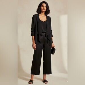 EILEEN FISHER Medium Silk & Leather Black Drape Front Georgette Crepe Jacket